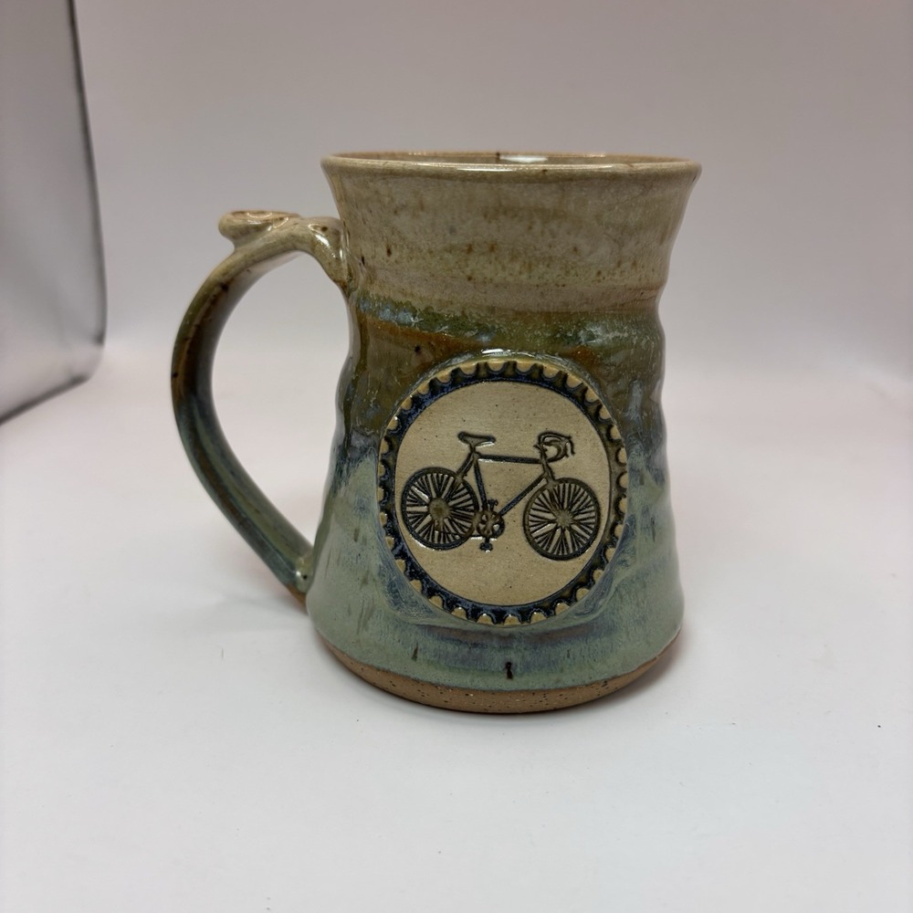 Handmade‎ Pottery Mug Bicycle Medallion Signed JF Studio Green Blue Ceramic